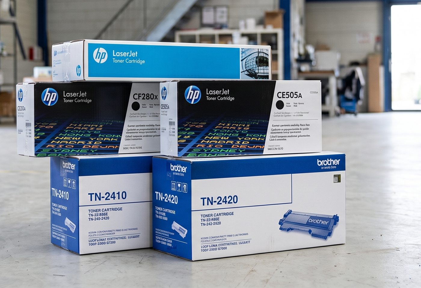 Ongebruikte tonerdozen van HP en Brother, klaar voor verzending.